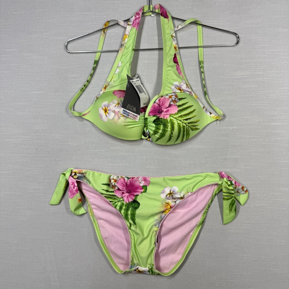 Vintage Athena Green Floral 2 Pc Underwire Bikini Sz 10 Y2K